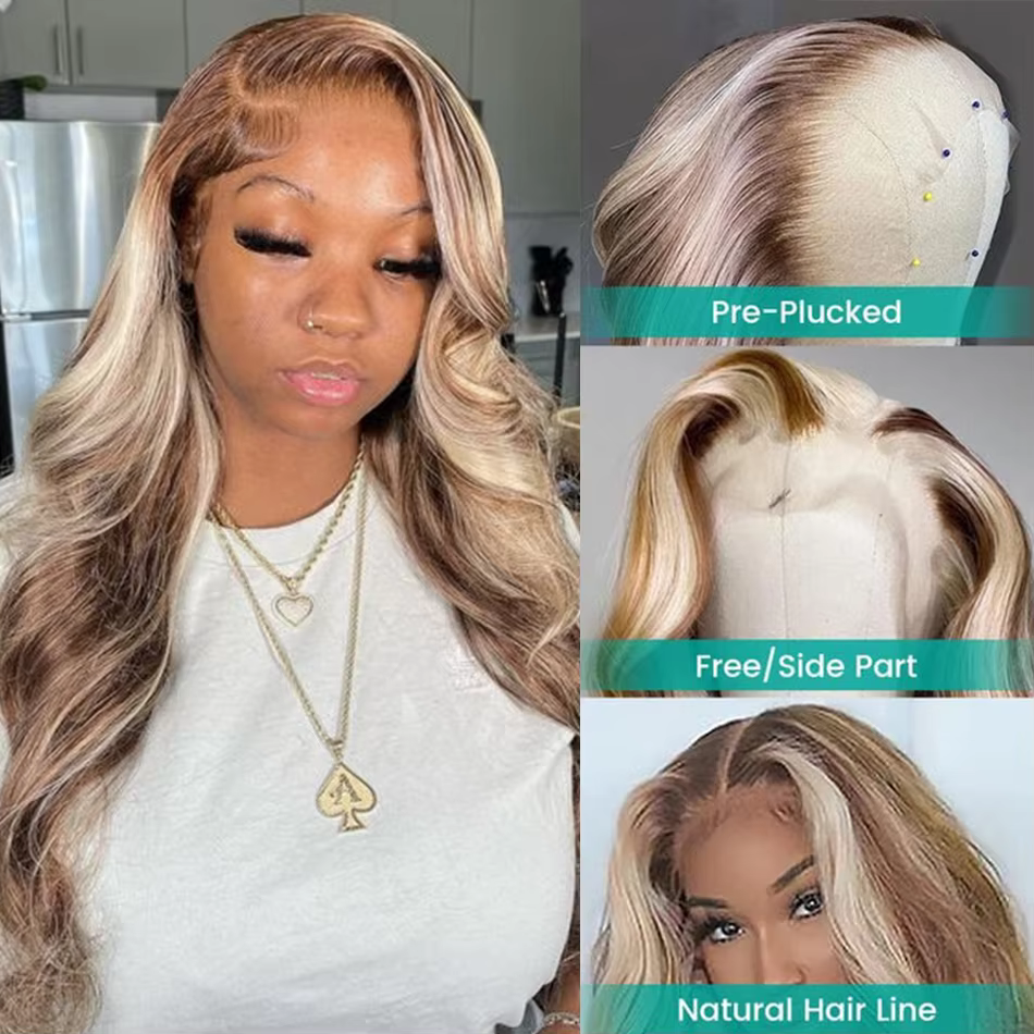 Perruque de cheveux humains Body Wave colorée à reflets blond brun 4/613
