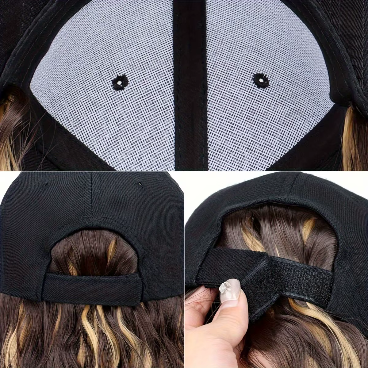Perruque casquette de baseball en fibres synthétiques avec extensions de cheveux bouclés
