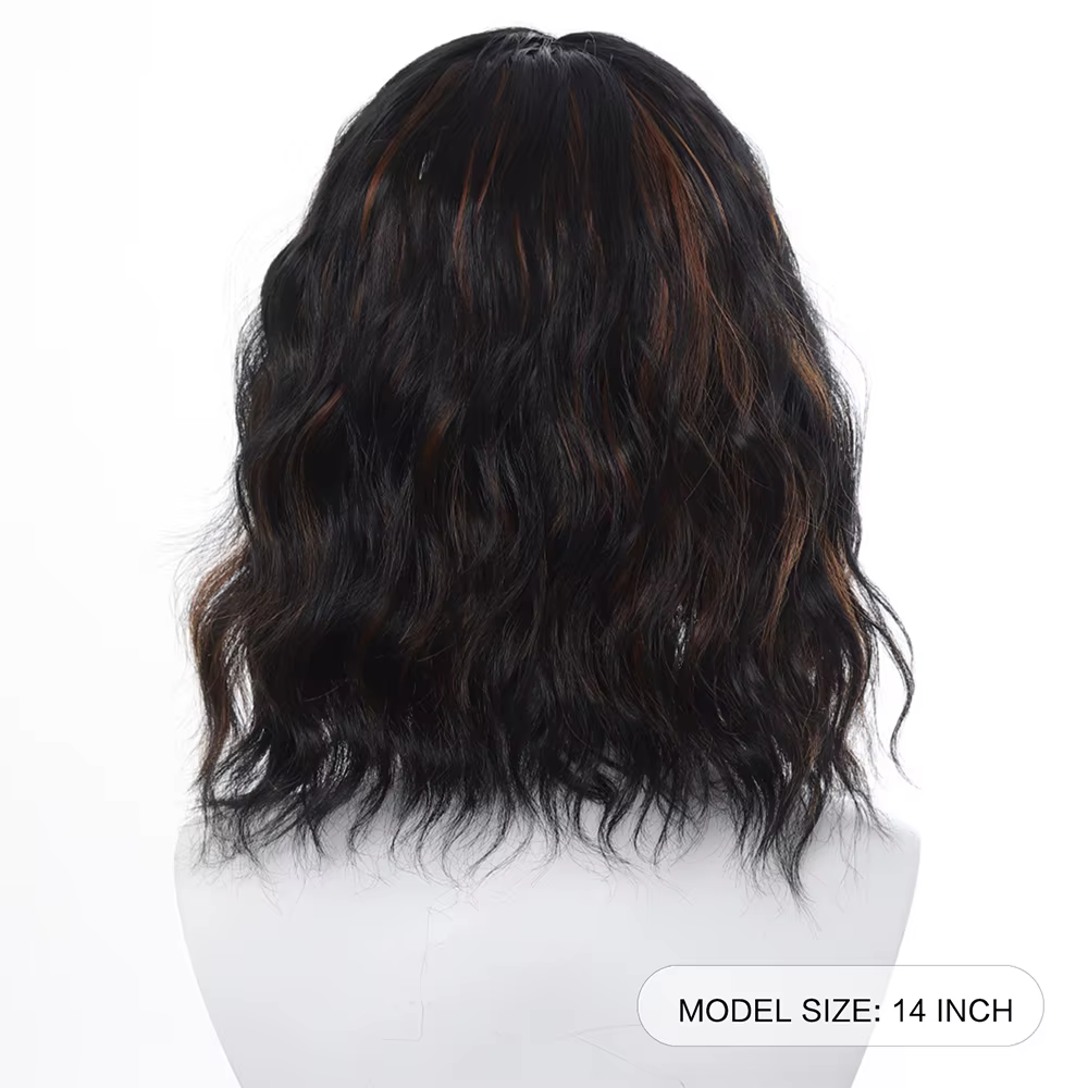 Perruque courte bouclée noire naturelle pour femmes - Bob ondulé longueur épaule avec frange | Cheveux synthétiques