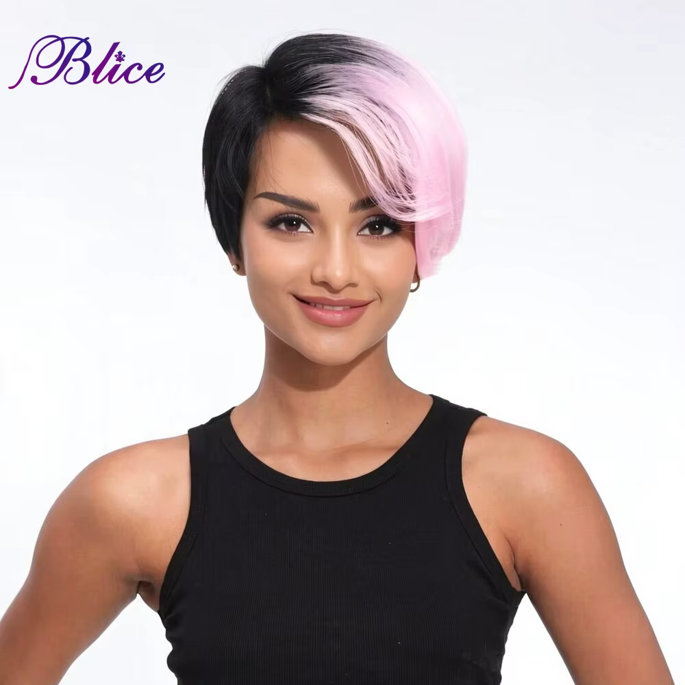 Blice-Perruque Synthétique Courte pour Femme, Perruques Colorées, Bouclée Naturelle, Frange Latérale, Fabriquée à la Machine, Mélange de Documents, Rouge Noir et Rose