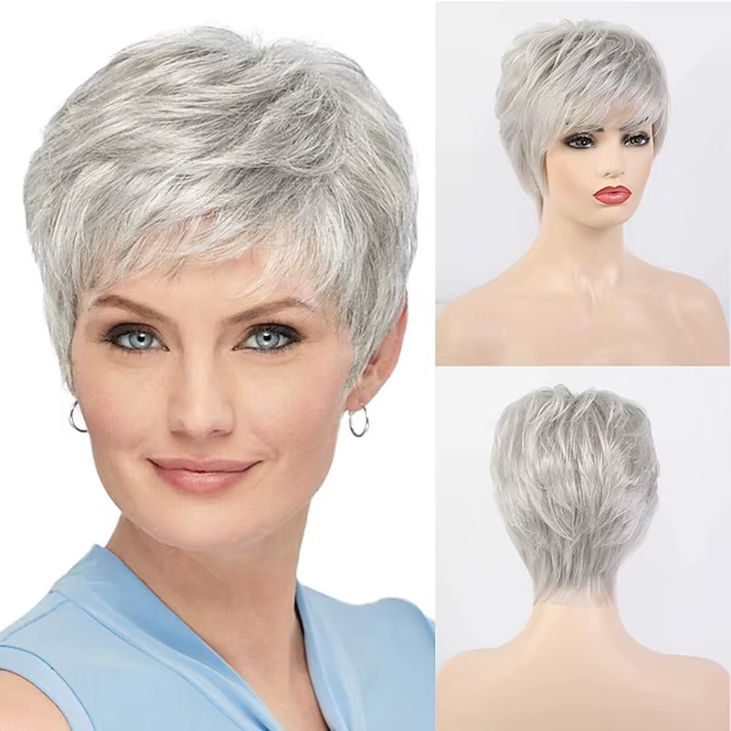 HAIRJOY – perruques synthétiques courtes grises pour femmes blanches