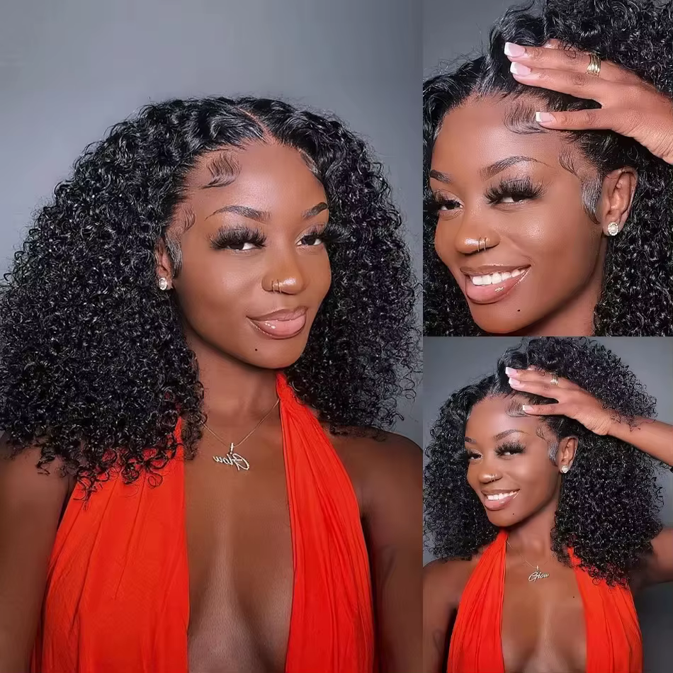 Perruque Lace Frontal Wig synthétique courte bouclée et crépue