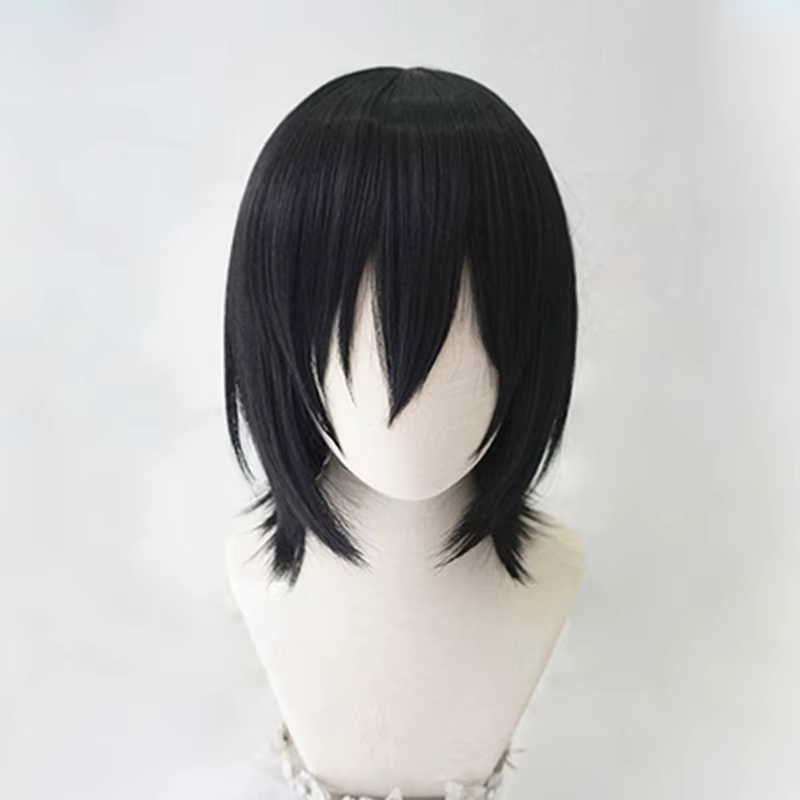 Perruque de Cosplay synthétique noire courte avec bonnet