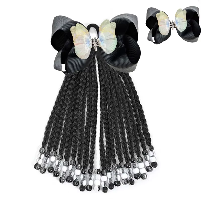 Extension de queue de cheval pour enfants avec perles - Extensions de cheveux de tresses en boîte de 19 brins avec clips à nœud - Coiffure de protection de 9 pouces pour filles