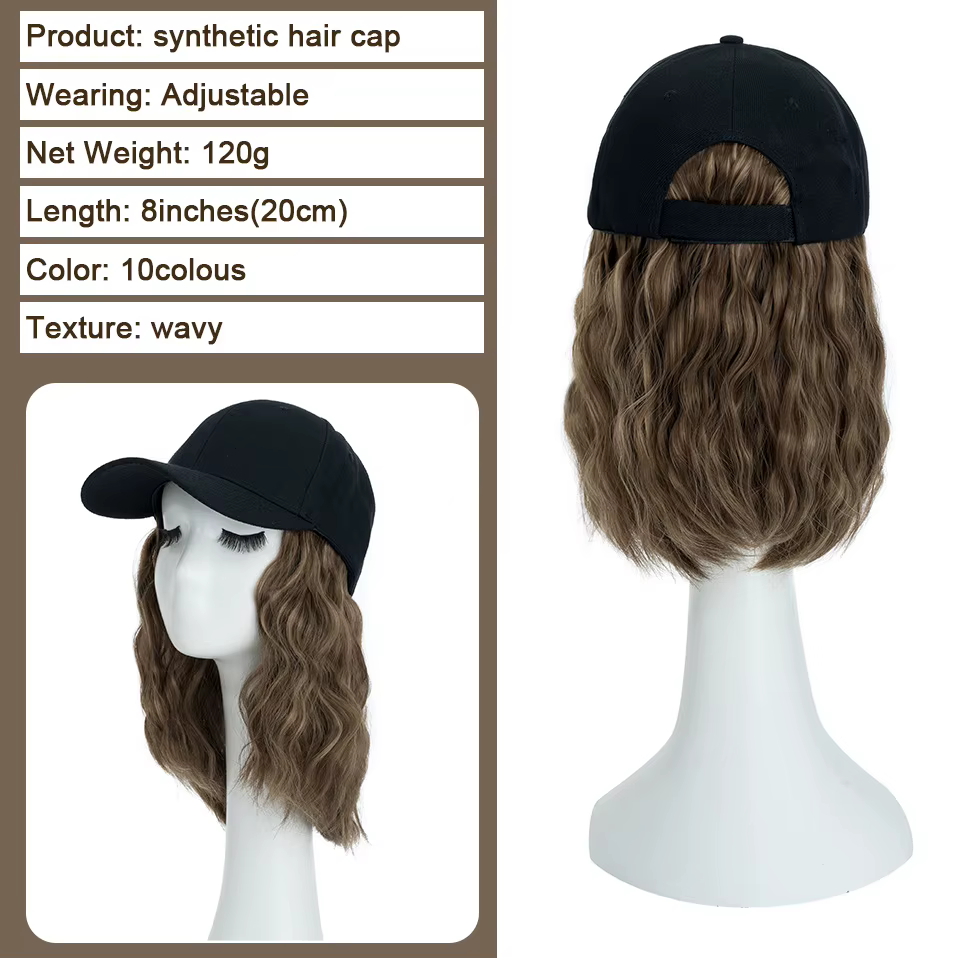 Benehair chapeau perruque pour femmes 8 pouces vague casquette de baseball
