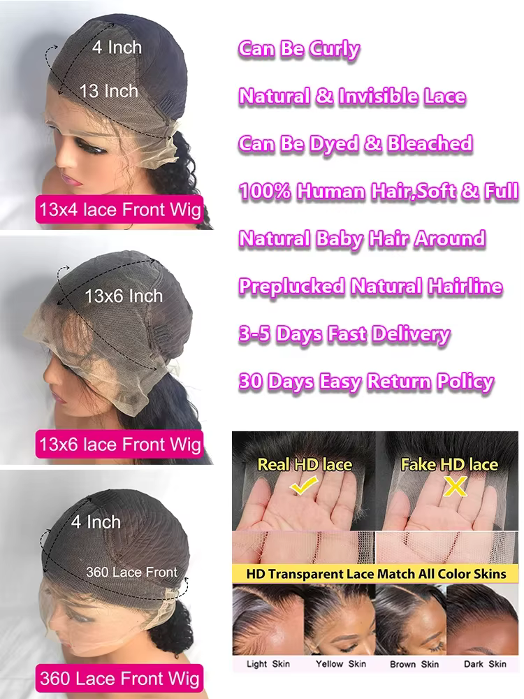 40 46 pouces vague profonde 13x6 13x4 dentelle avant perruque de cheveux humains 250% Remy Curl 360 pleine
