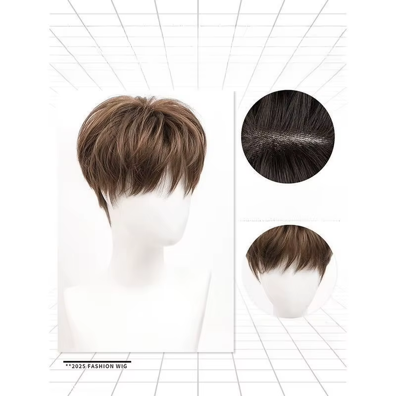 Perruque synthétique homme brun clair – Couvre-chef complet avec couronne partiellement divisée de style coréen –