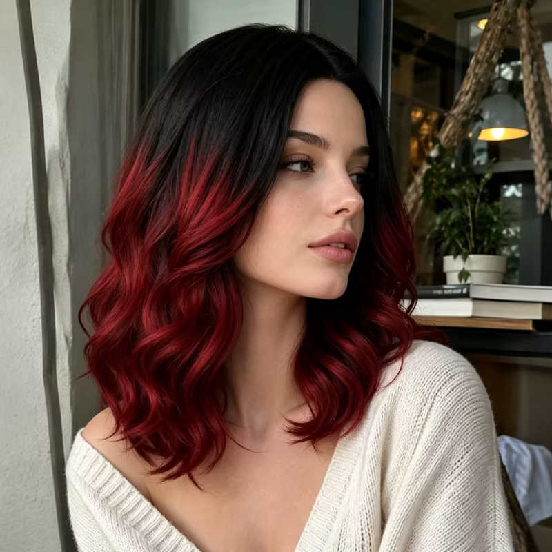 Perruque synthétique bouclée à raie centrale pour femme, 16 pouces, dégradé noir et bordeaux, adaptée à diverses occasions élégantes.