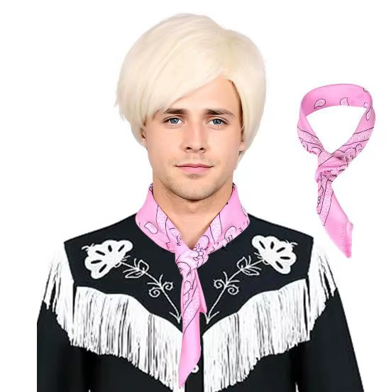 Perruques courtes blondes pour hommes synthétiques droites couches Halloween Ken Cosplay perruque de cheveux ou Bandana