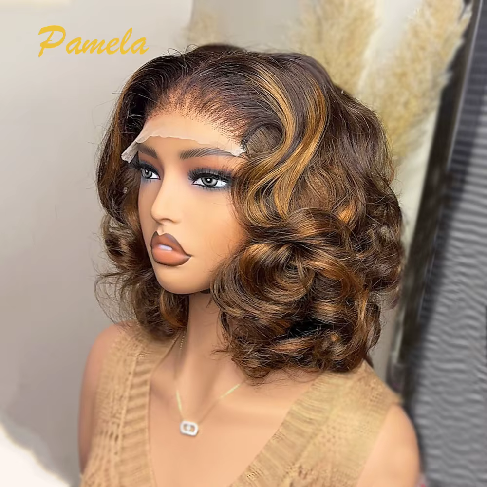 Perruque Bob Blonde 100% cheveux humains vague profonde lâche courte Ombre 4 27 couleur marron avant de lacet sans