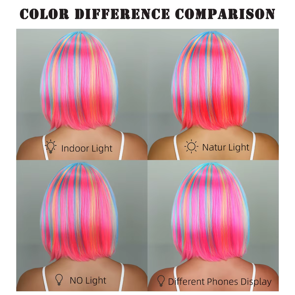 Perruque synthétique couleur arc-en-ciel pour réunions quotidiennes