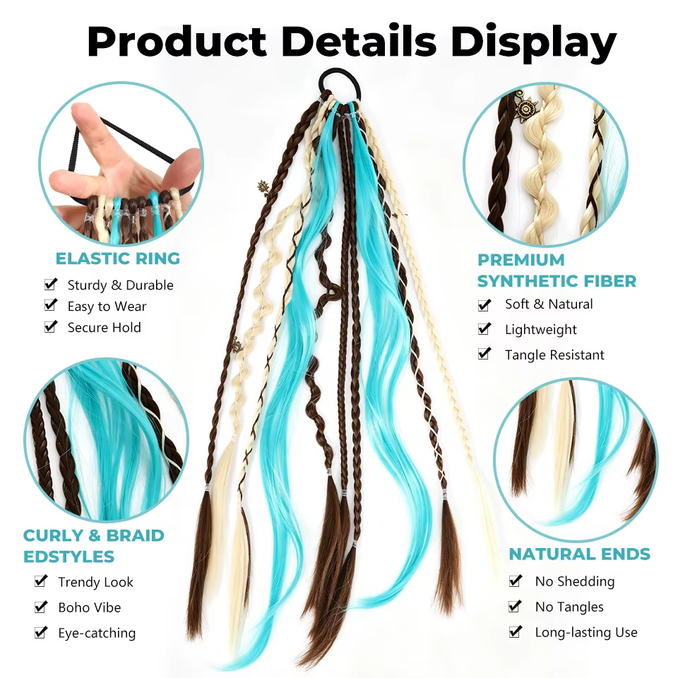 Bandeau bohème tressé de 20 pouces avec accessoires de perruque queue de cheval élastique, adapté aux femmes
