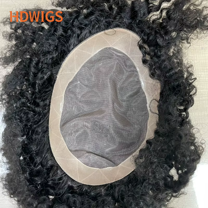 Prothèse capillaire homme bouclée en cheveux humains indiens Remy