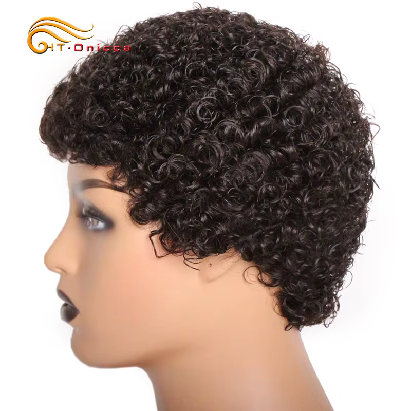 Perruques courtes crépues bouclées cheveux humains coupe lutin