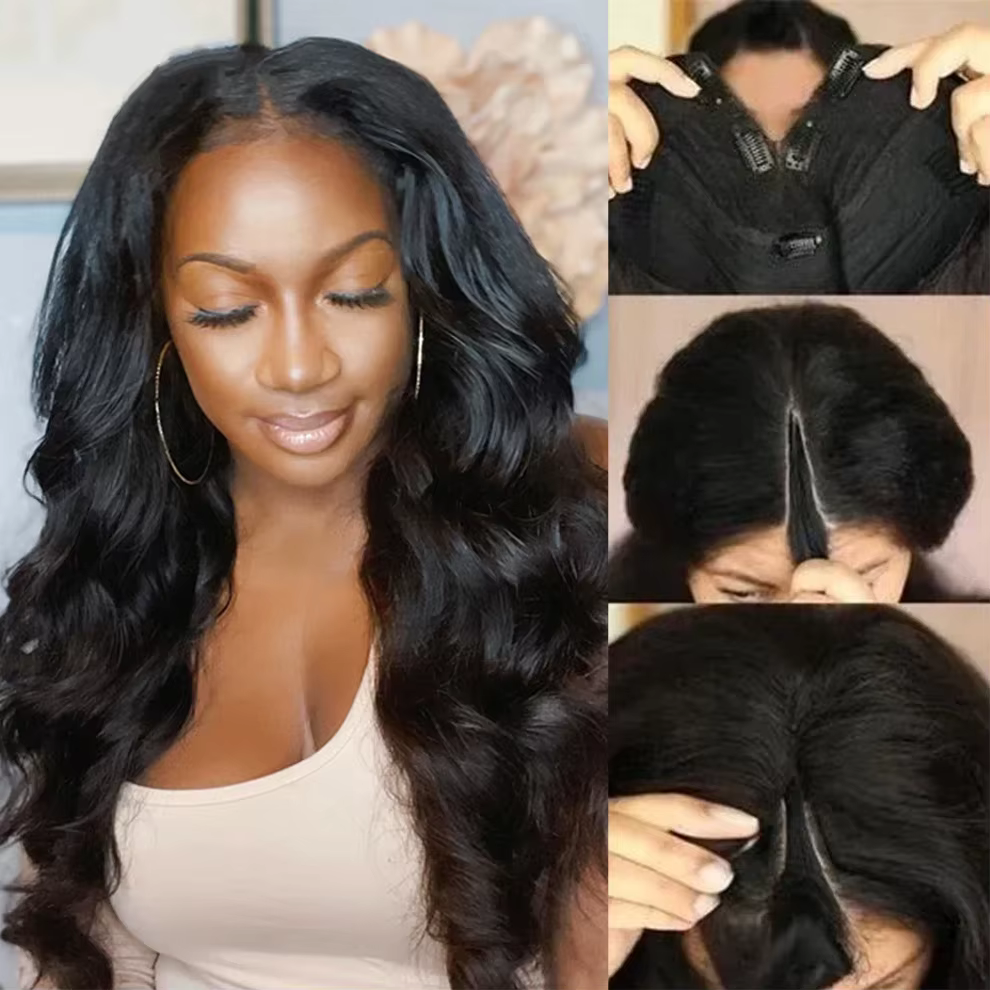 Perruque V Part Body Wave en cheveux humains, version améliorée, sans colle, pour débutantes, à clips, sans besoin de laisser de cheveux apparents, sans colle, sans couture, densité 250%