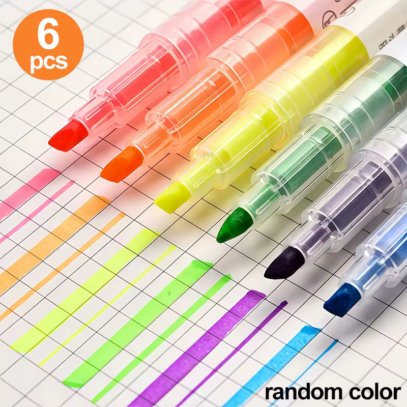 6 surligneurs à double extrémité de différentes couleurs et épaisseurs pour répondre à divers besoins, adaptés à la prise de notes, au travail de bureau, aux études et comme cadeau de papeterie
