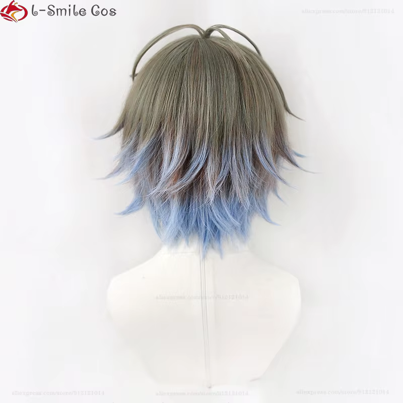 Haute qualité VTuber NIJISANJI Luxiem Ike Eveland Cosplay perruque gris brun dégradé bleu clair résistant à la chaleur synthétique cheveux perruques
