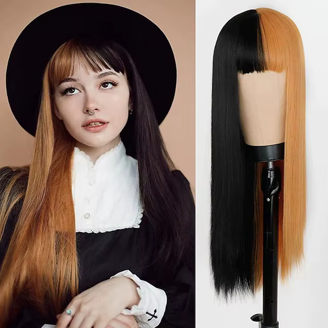Perruques pour femmes perruque jaune et noire cheveux longs raides