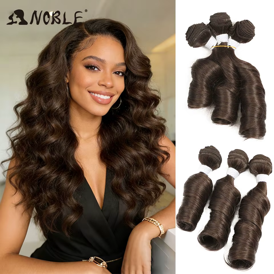 Extensions de cheveux synthétiques ondulés châtain foncé de 10-12 pouces