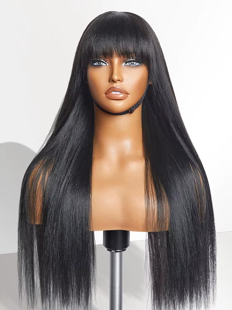 Perruque longue en cheveux humains avec frange