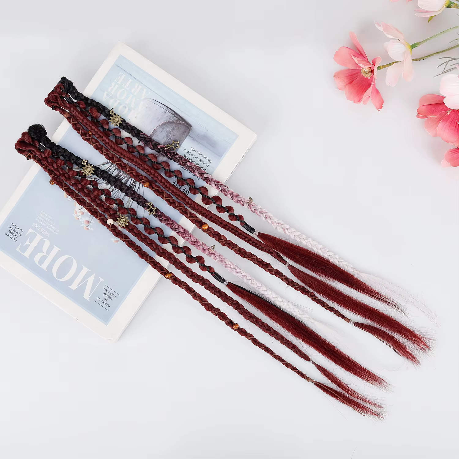 Extensions de cheveux tressées synthétiques style bohème ombré bordeaux avec mèches viking bohèmes pour femmes