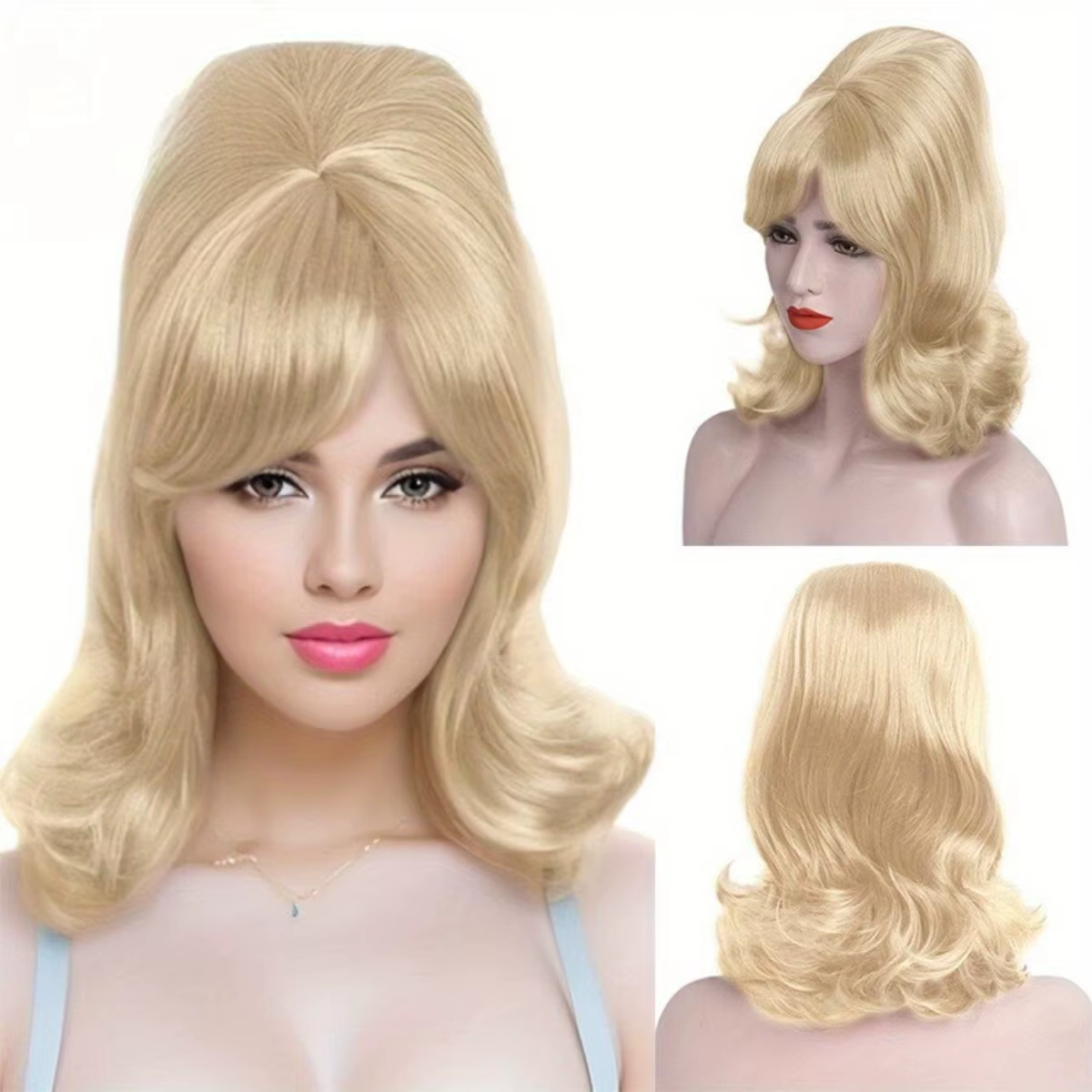 Perruque synthétique mi-longue ondulée blonde claire style rétro années 60 avec frange pour femme