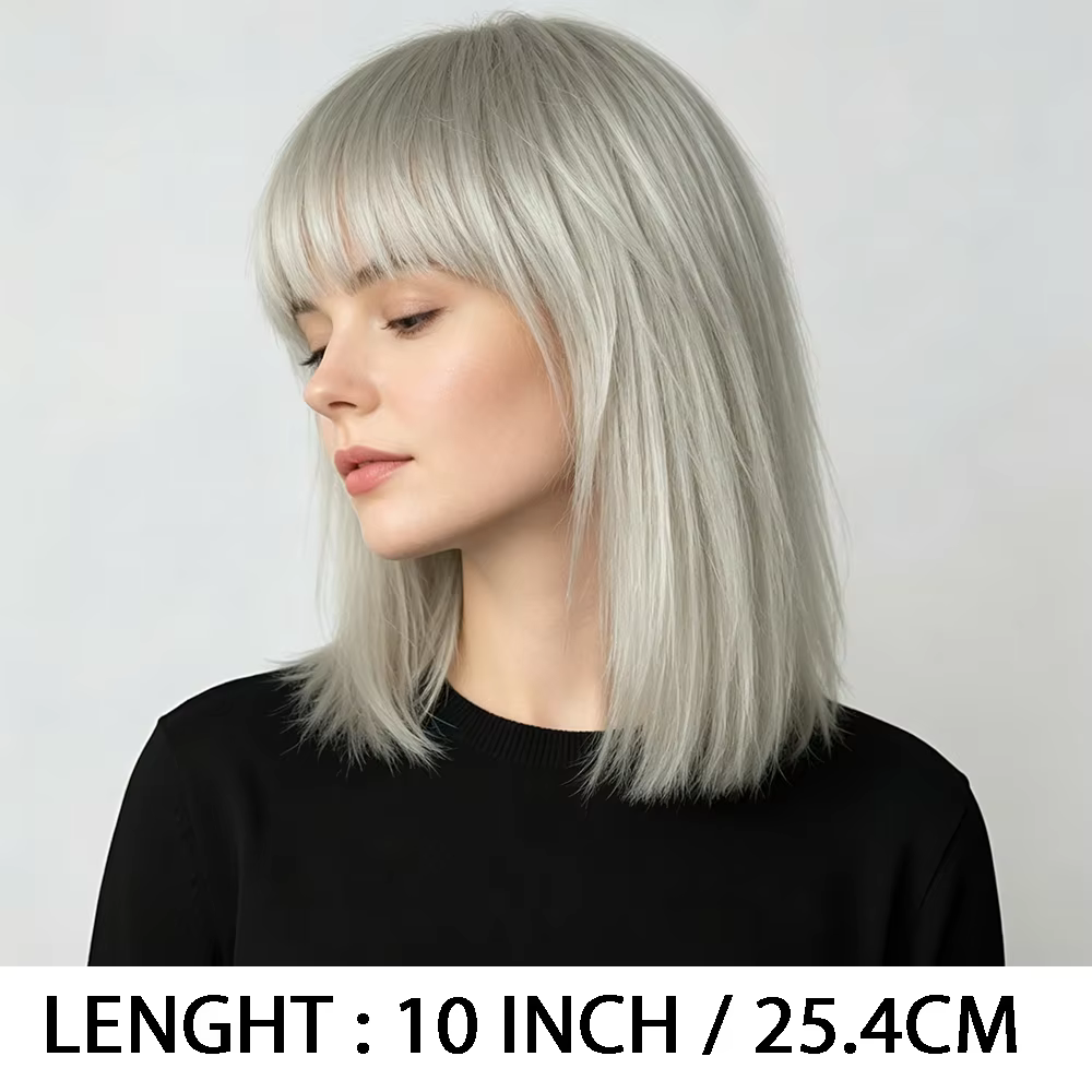 Perruque Bob Droite Gris Argenté avec Frange Complète