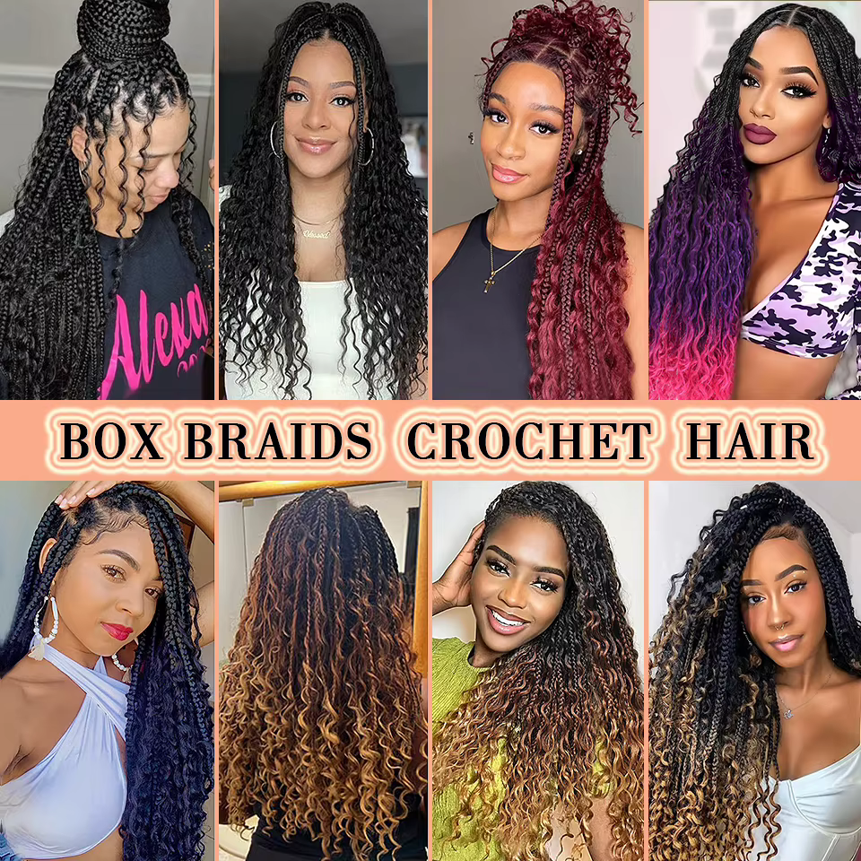 Extensions de tresses bohémiennes longues de 18 pouces, tresses de boîte de déesse, cheveux au crochet, cheveux synthétiques noirs, violets et roses, tresses hippies bohèmes