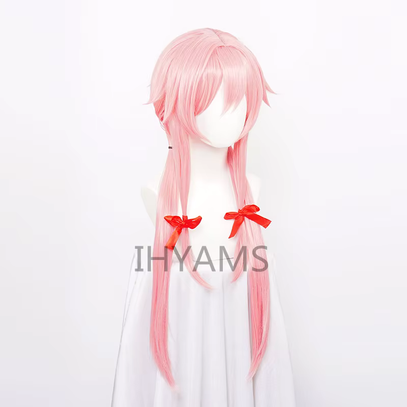 The Future Diary – perruque de Cosplay synthétique Yuno Gasai, longue et lisse, rose, avec ruban rouge et bonnet