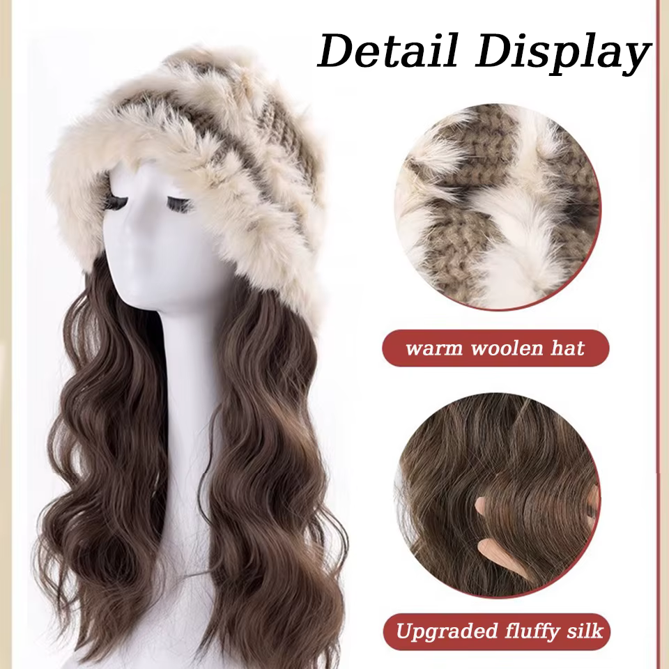 Perruque synthétique brune noire avec chapeau