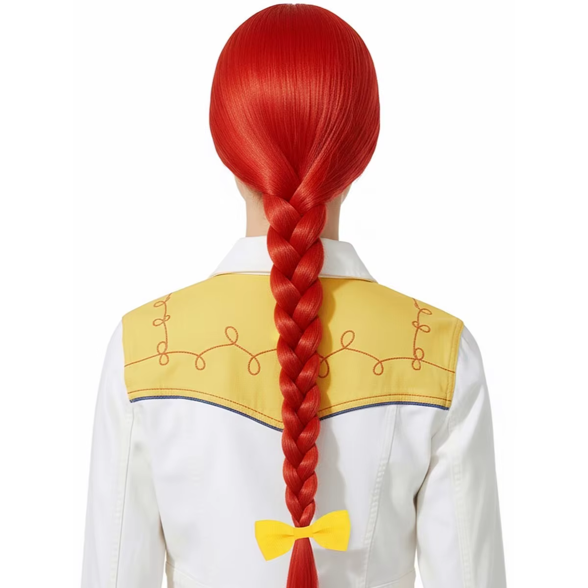 Perruque longue tressée rouge style Marilyn pour fête et cosplay. Elle est livrée avec un nœud jaune. Confortable à porter. Perruques synthétiques.