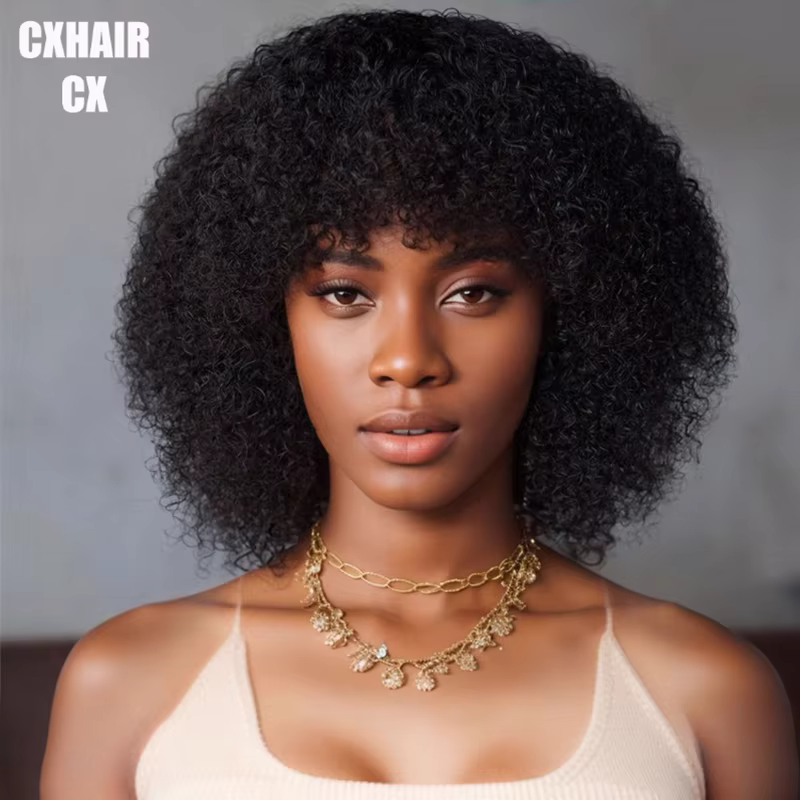 Perruque de cheveux humains crépus bouclés afro mongols avec frange faite à la machine 250% perruques