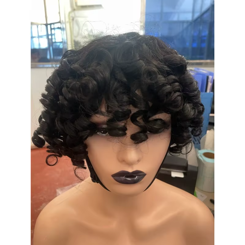 Perruque courte bouclée de cheveux humains