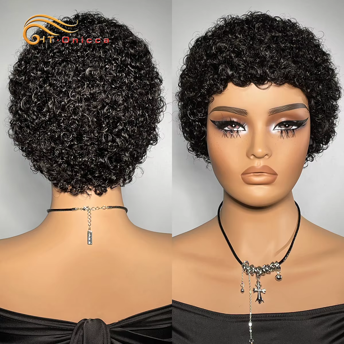 Perruques courtes crépues bouclées cheveux humains coupe lutin