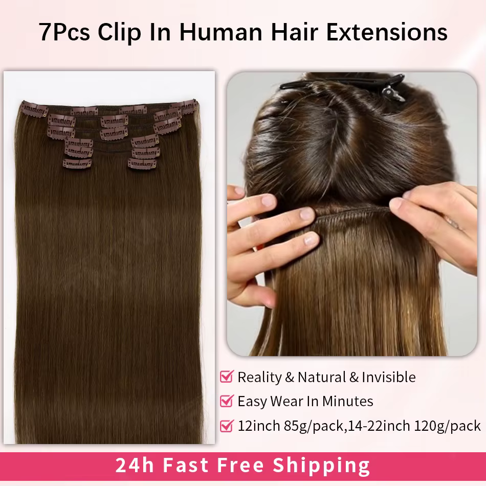 Extensions de cheveux humains lisses à clipser, 7 pièces/ensemble, pour tête entière, style brésilien, 85/120 grammes, extensions à clipser pour femmes