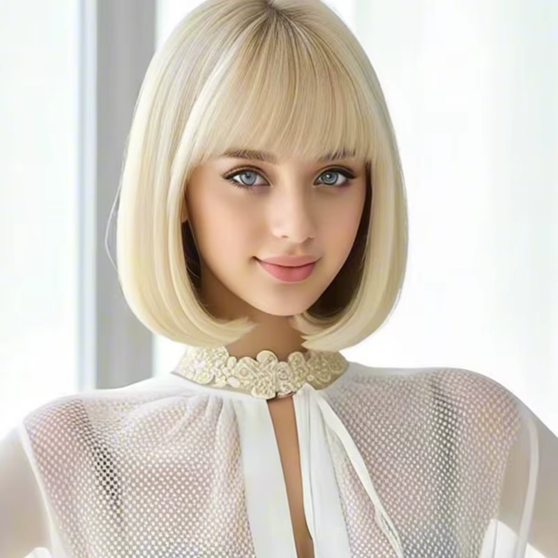 Luxueuse perruque synthétique à frange dorée de 12 pouces avec une texture élégante et volumineuse pour un usage quotidien et une occasion spéciale.