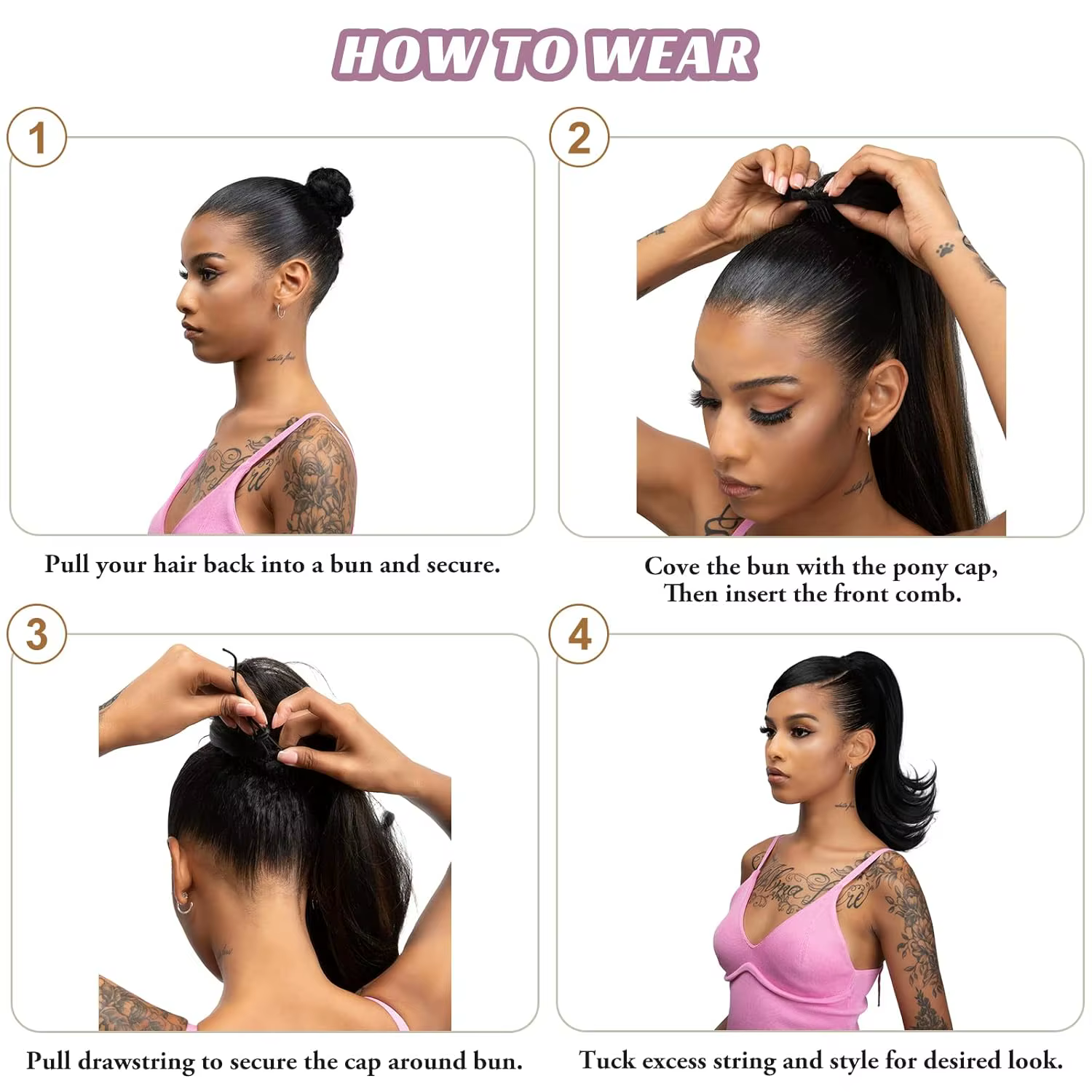 Extension de cheveux queue de cheval courte noire avec cordon pour femmes noires