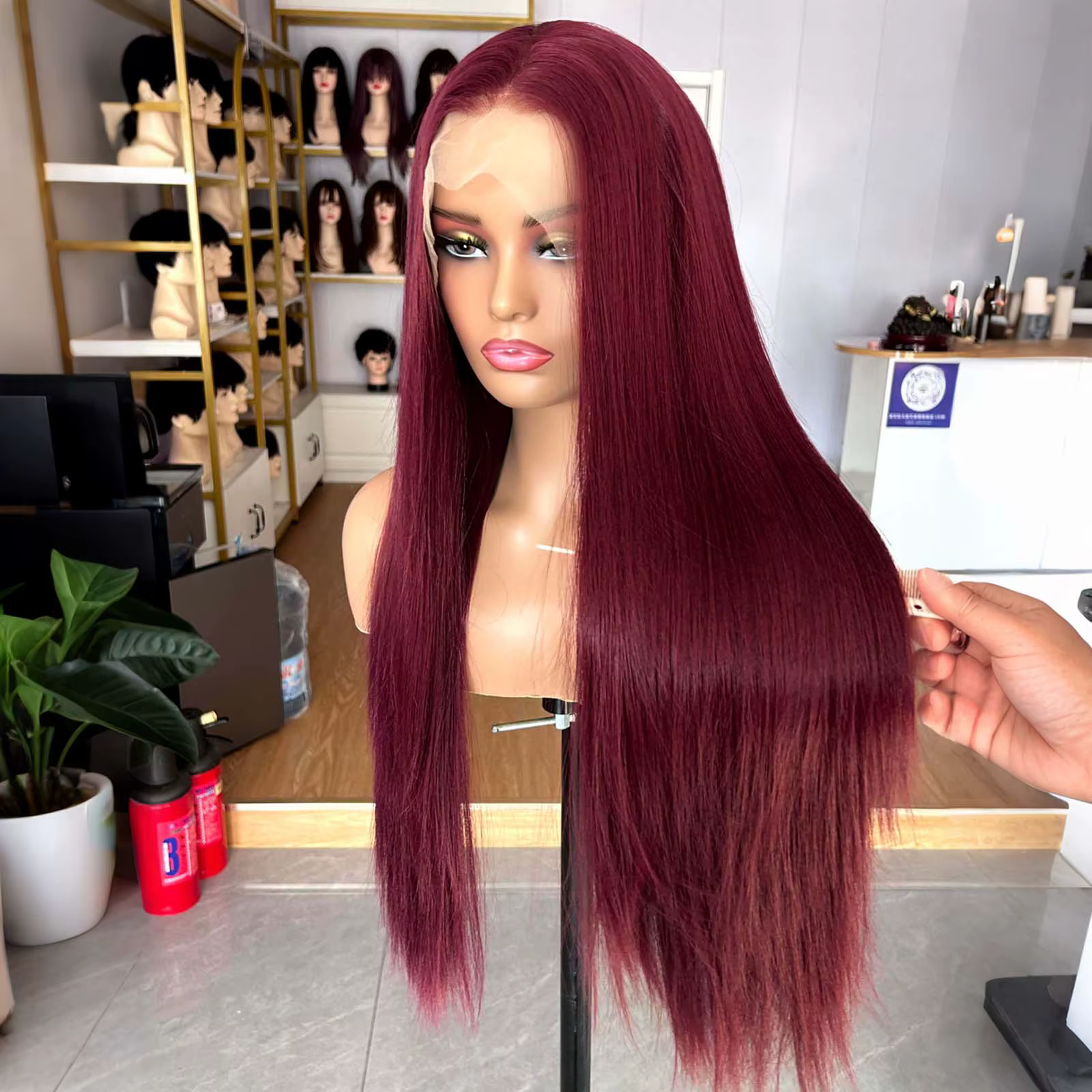 Perruque Lace Front Wig synthétique lisse et soyeuse-bordeaux