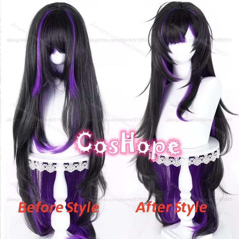 Perruque de cosplay Nikke Label, 100 cm de long, noire et violette mélangée, perruque synthétique résistante à la chaleur pour Halloween, carnaval, fête