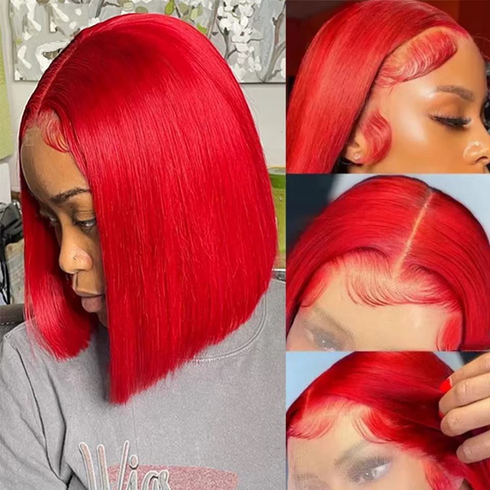 Perruque Bob rouge cheveux humains droite courte Bob dentelle perruques pour les femmes noires brésiliennes pré-épilées
