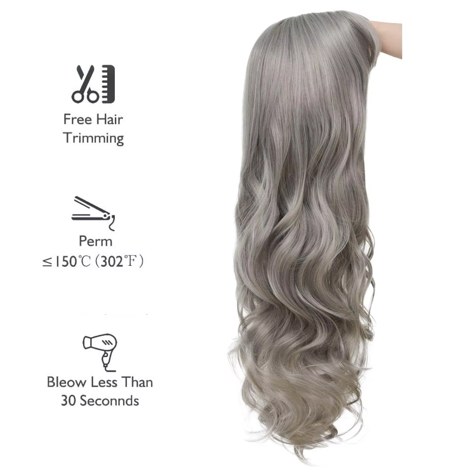 Perruque synthétique Grandma Grey de 26 pouces avec grandes vagues pour cosplay d'Halloween