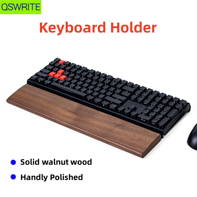 Support de clavier QSWRITE en noyer massif pour la protection des poignets, conçu ergonomiquement pour détendre les poignets, compatible avec les claviers 61, 87 et 104 touches.