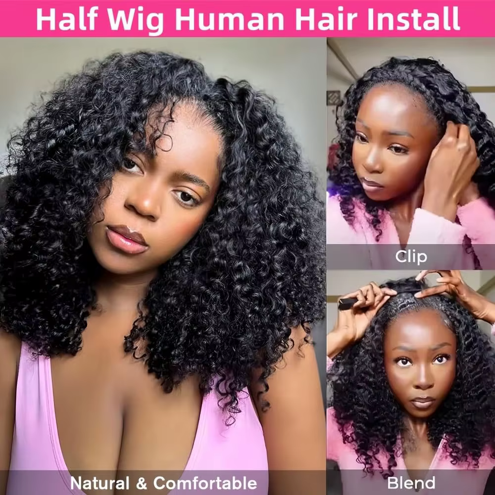 Demi-perruque cheveux humains crépus bouclés 3 en 1 perruque