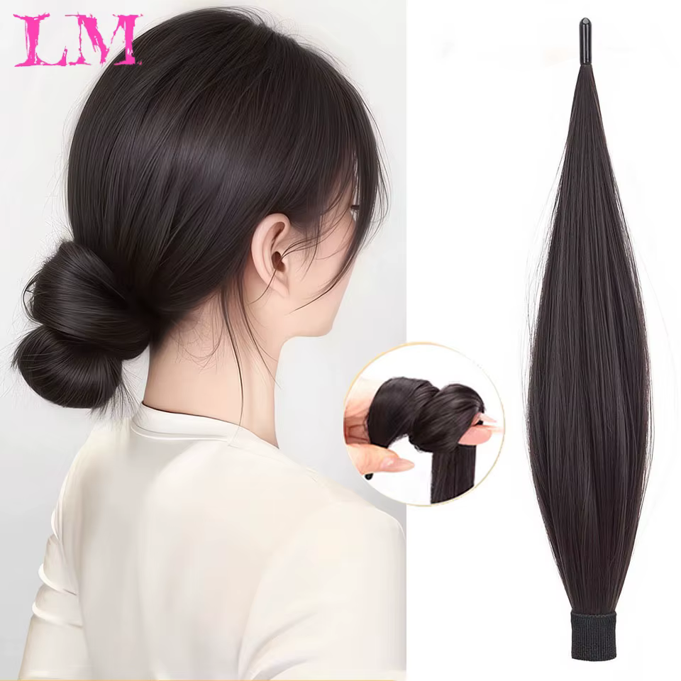 Extensions de cheveux synthétiques longues et lisses à enroulement automatique avec anneau en caoutchouc