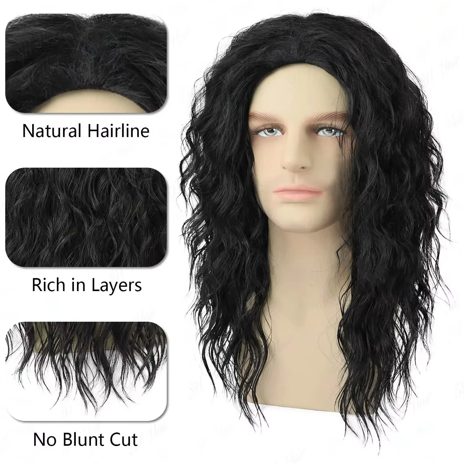 Perruque synthétique noire pour homme, style mulet, avec lunettes et gants, longue et bouclée, années 70-80, style rocker star punk, pour fête, Halloween, cosplay Michael Jackson