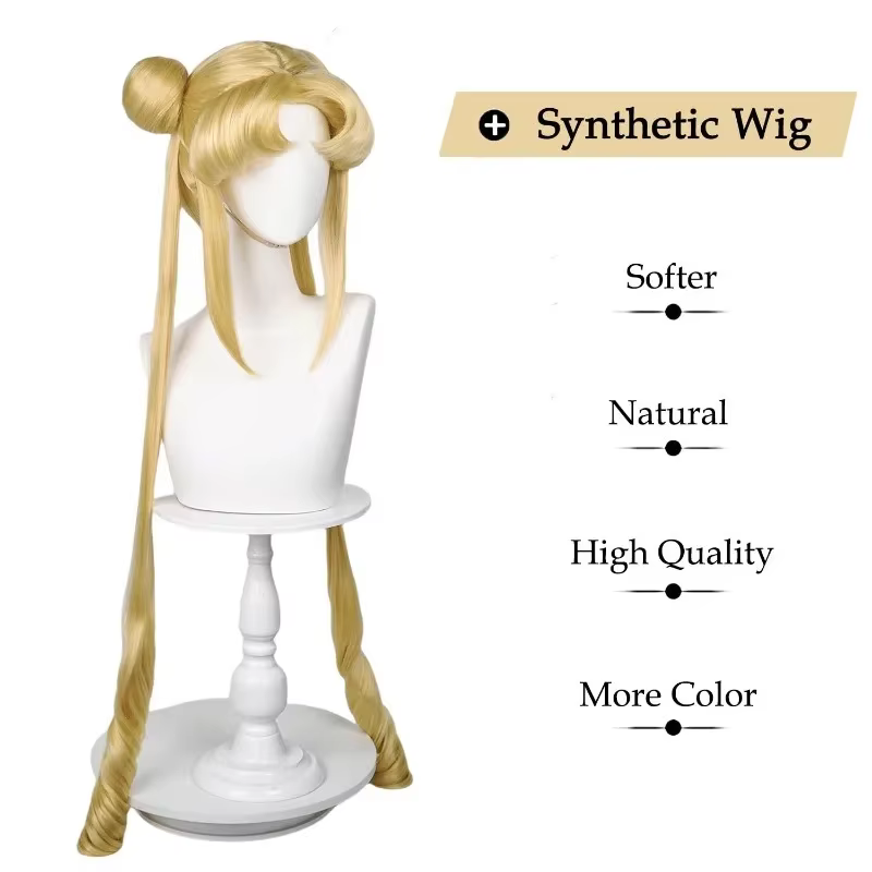 Sailor Moon Tsukino Usagi Perruque longue bouclée blonde queue de cheval avec 2 queues de pong avec bonnet