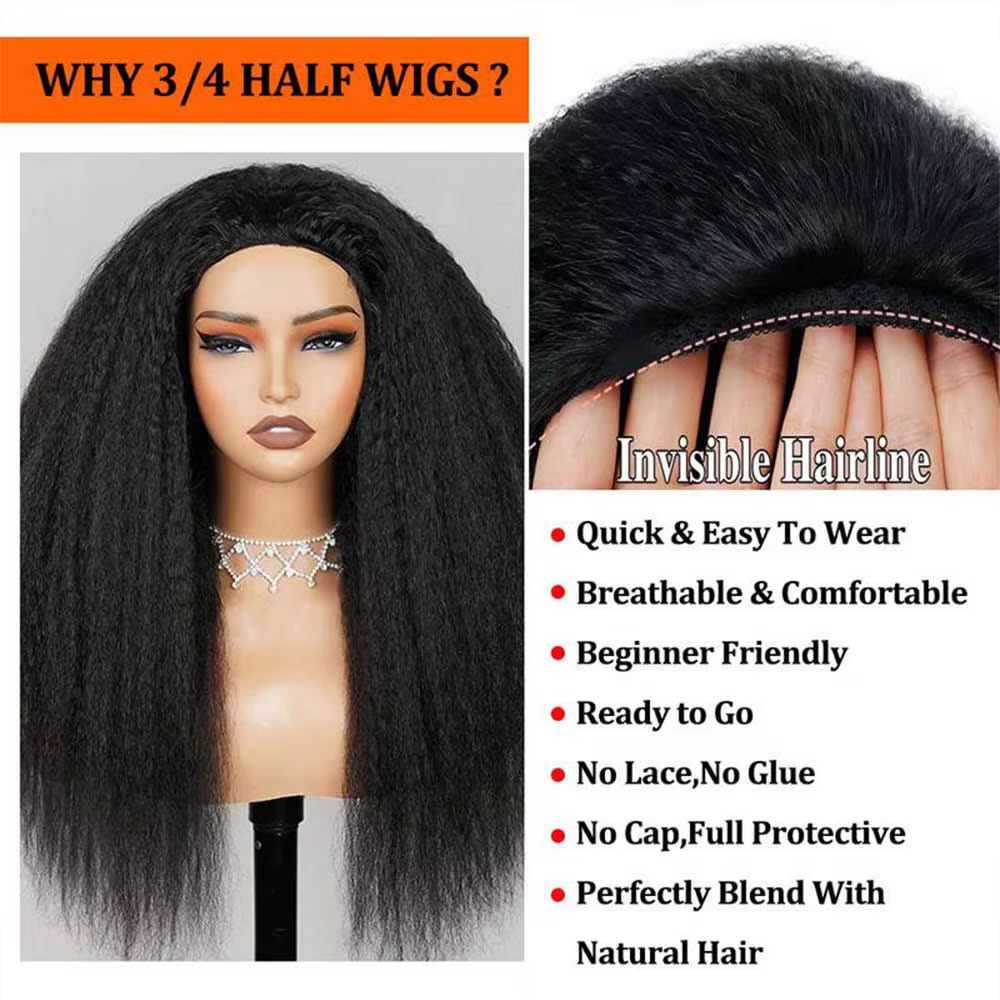 Demi-perruque droite crépue cheveux humains sans colle perruque