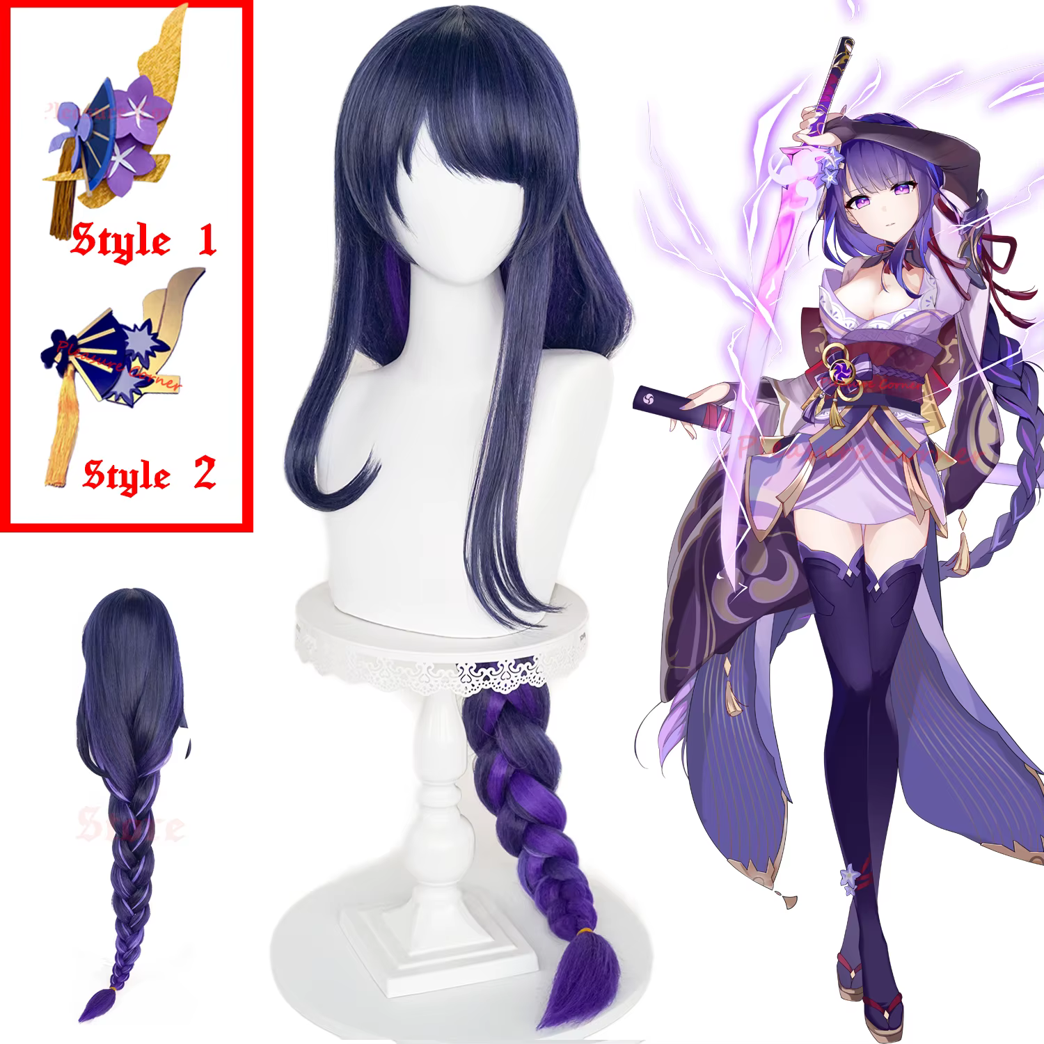Perruque de Cosplay Synthétique Violette de l'Anime Genshin Impact Raiden Shogun
