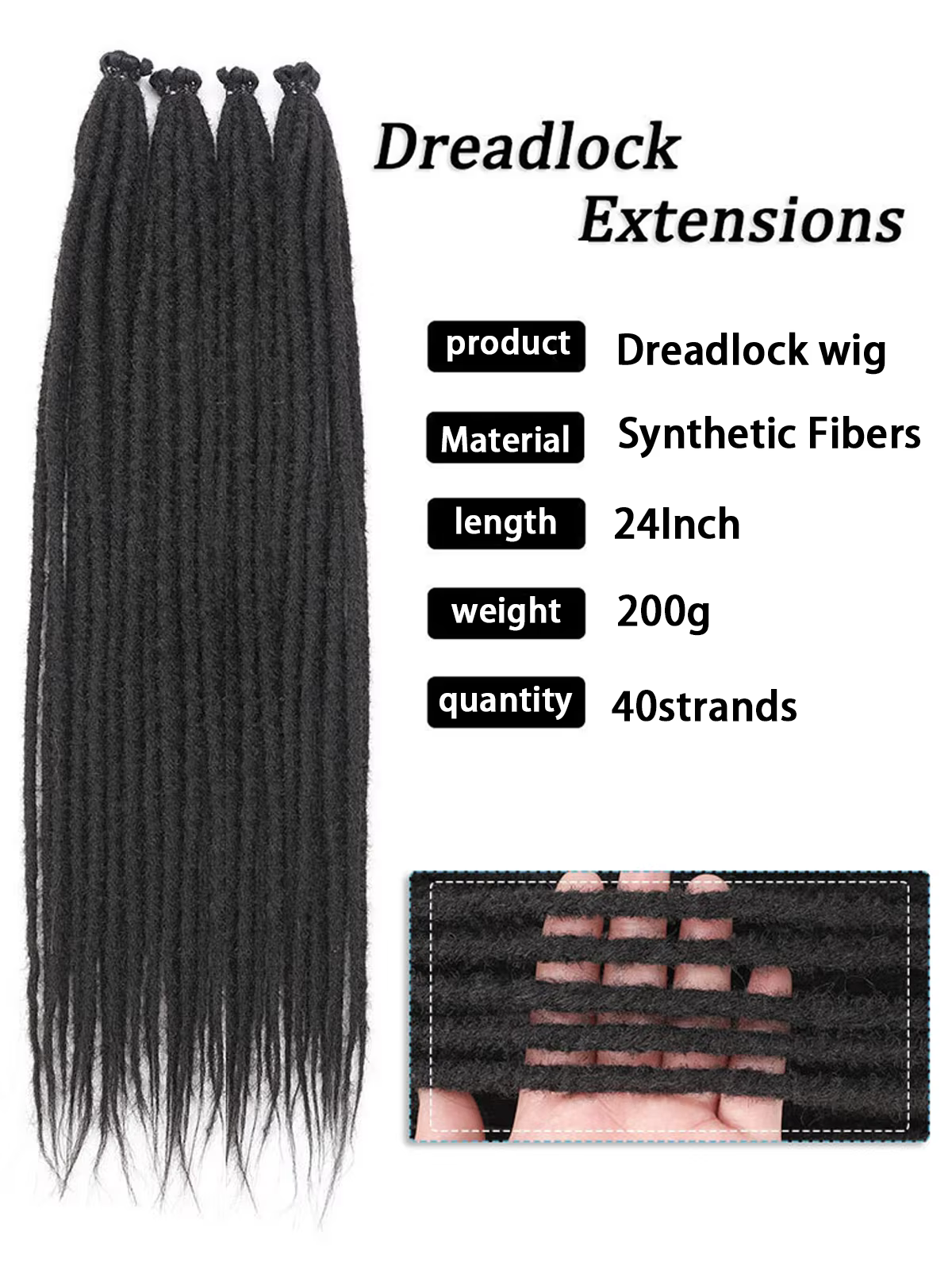 Extensions à clipser pour dreadlocks droits de 24 po | 10 brins | Cheveux synthétiques fins et doux | Look naturel |