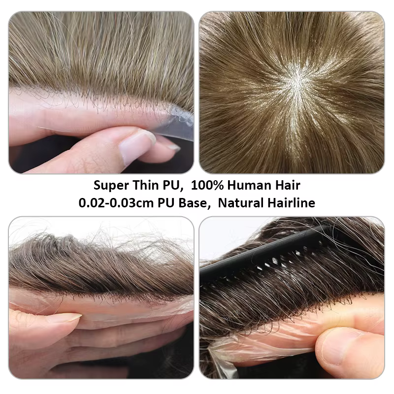 Peau mince pleine PU 0.02mm homme toupet mâle perruques de cheveux humains indien